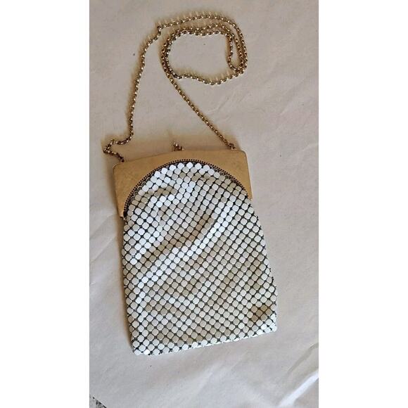 VTG Whiting And Davis White Metal Mesh Bag Kiss Lock Lined Chain Cross Body - Picture 2 of 9